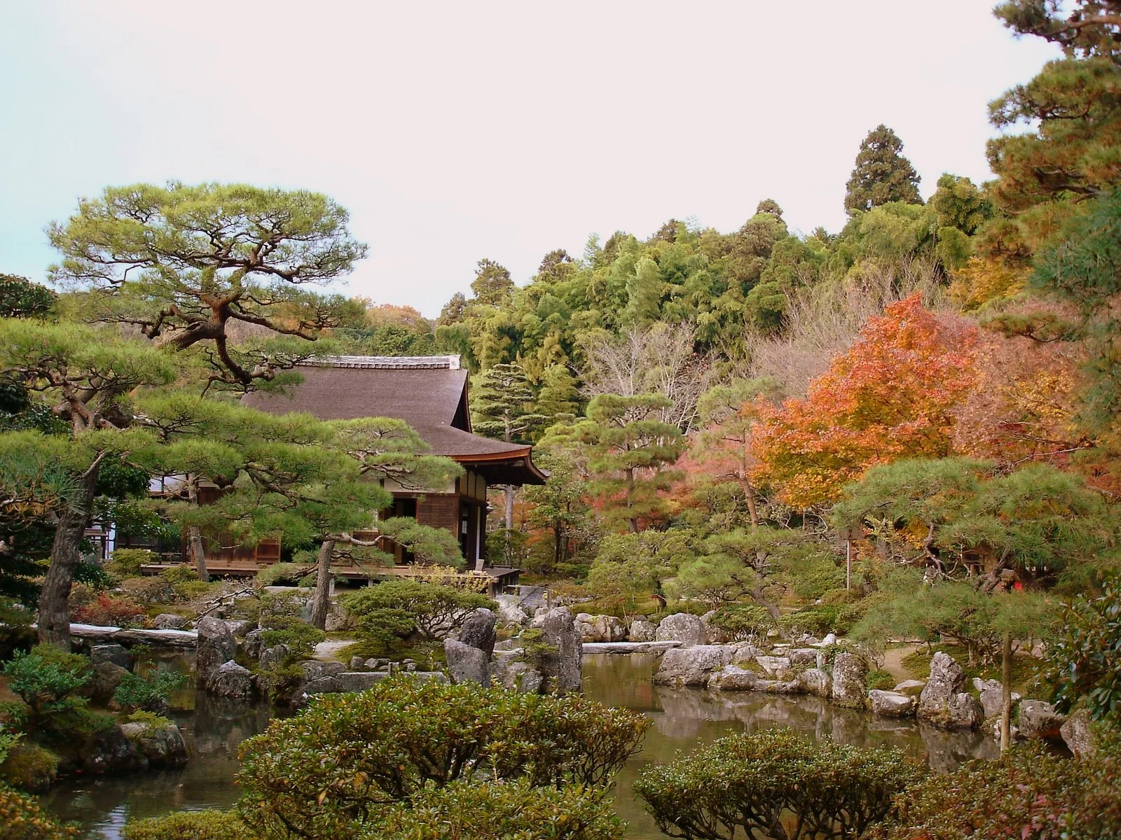 銀閣寺池泉庭園與寺院建築。