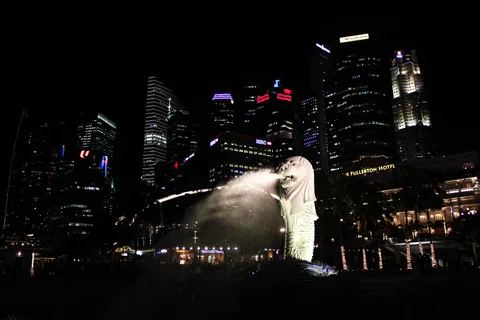 夜晚魚尾獅噴水池，背景是新加坡市中心高樓。